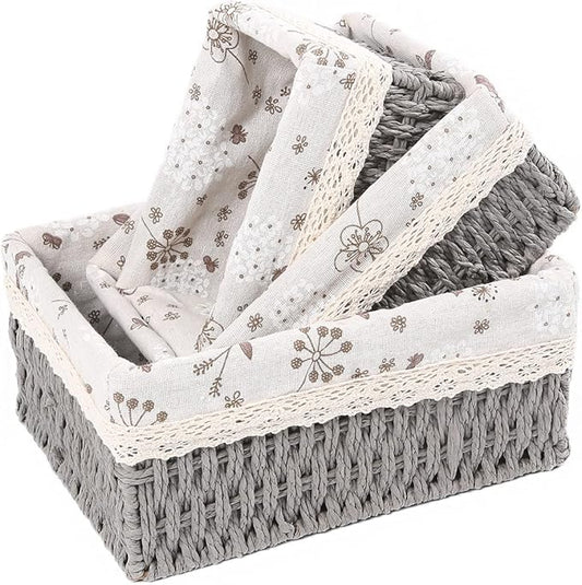 YRMT Macrame Storage Baskets Set of 3 Boho Decor Baskets for Organizing Decorative Paper Rope Woven Storage Basket with Liner Rectangular Empty Gift Basket Countertop Shelves Organizer