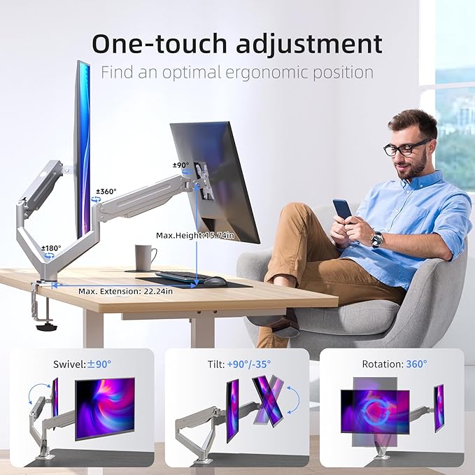 Suptek Dual Monitor Mount Stand-Height Adjustable Gas Spring Monitor Arm Desk Mount for 2 Computer Screens 17 to 27 inches - Each Arm Holds up to 13.2lbs,Silver(MD8SPS)
