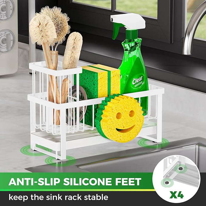 Sponge Holder for Kitchen Sink,Sink Caddy with Removable Dish Brush Holder,Self-Draining Kitchen Countertop Organizers and Storage Essentials,Soap Dispenser Organize and Home Decor-White