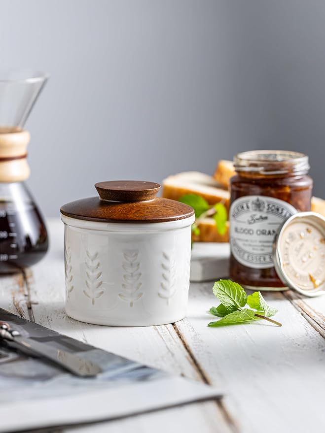Ceramic Butter Dish With Lid, Butter Crock for Countertop, French Butter Keeper for Spreadable Butter, Elegant Embossed Pattern, Cream White