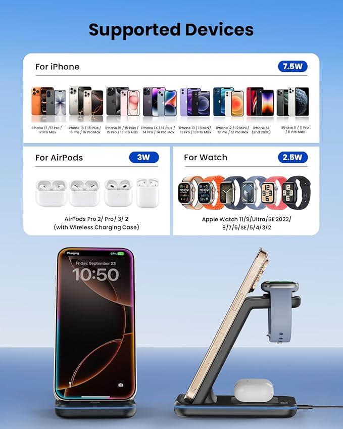Wireless Charger Stand, CIYOYO 3 in 1 Fast Wireless Charging Station Dock for Apple Watch 11/9/8/7/6/SE/5/4/3/2, Airpods 3/2/Pro, iPhone 17/16/15/14/14 Plus/14 Pro Max/13/13 Pro/12/12 Pro/SE/X/XR/XS/8