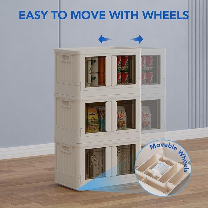 FLEXIMOUNTS 110 QT Stackable Storage Bins With Lids, Collapsible Plastic Storage Bins With Doors and Built-in Wheels For Home Dorm Closet Organizers and Storage, 3 Pack Cubes, Milky White