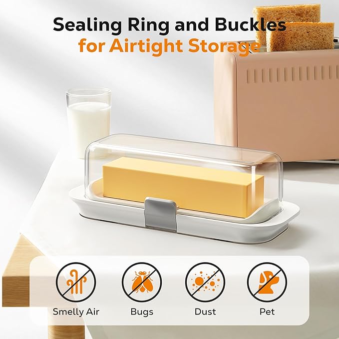 Pisol Butter Dish with Lid for Countertop and Refrigerator Door Shelf, Airtight Butter Keeper Container, Butter Holder for East/West Coast Butter, BPA-free, Microwave/Dishwasher Safe