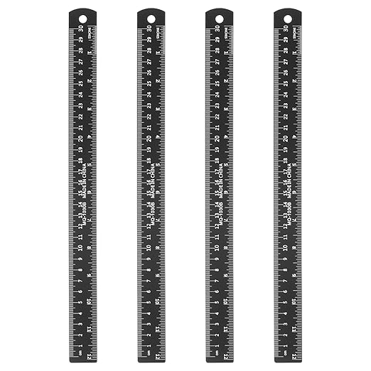 HARFINGTON 4pcs Metal Straight Ruler 30cm Metric SAE Aluminum Alloy Measuring Rulers Scale Tool with Hole for Measure Study Reading Classroom Office, Black