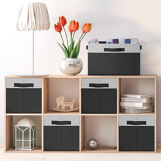 GhvyenntteS Large Storage Baskets for Shelves 3 Pack, Collapsible Fabric Storage Bins with 3 Handles, Decorative Closet Organizers and Storage bins for Clothes Blanket Beddings (Black, 15"x11"x9.6")