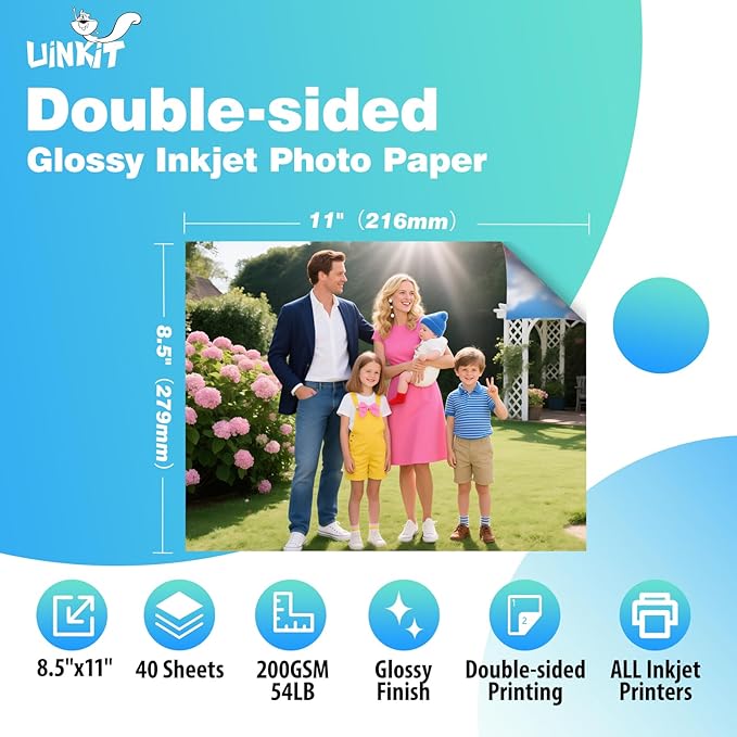 Uinkit 200Gsm 40 sheets 8.5 X 11 Double Sided Photo Paper Glossy 8.5x11 54lbs Inkjet for Dye Ink 200Gsm 9.13Mil for Inkjet Printing Printer (40, 8.5x11)