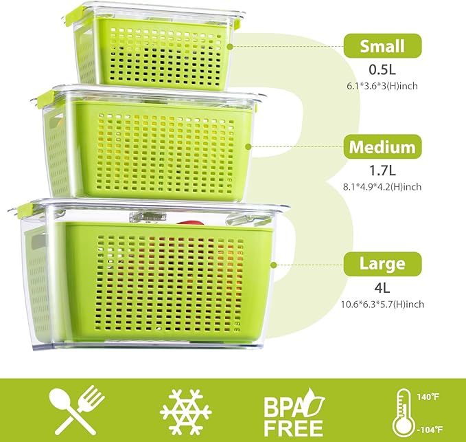 LUXEAR Fresh Container, 3PACK Produce Saver Container BPA Free Fridge Organizer for Vegetable Fruit and Salad Partitioned Food Storage Container with Vents Stay Fresh Containers Not Dishwashers Safe