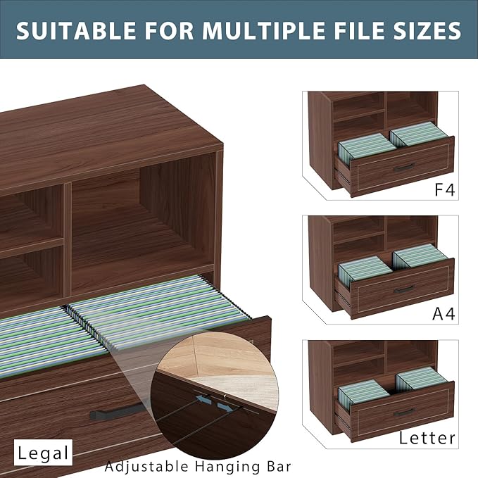 LVB Wood Lateral Filing Cabinet with Drawer, Farmhouse File Cabinet Printer Stand with Storage Shelves, Printer Cabinet Fits A4 Letter Legal Size with Hanging File Folder for Home Office, 32.7" Walnut