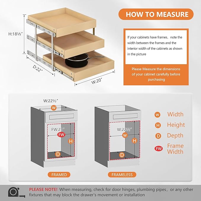 WelFurGeer 3-Tier Pull Out Cabinet Organizer with Soft Close, Heavy-Duty Slide Out Drawers for Cabinets, Pull Out Drawers for Cabinets, Bottom Mount Shelves for Kitchen, Pantry, Bathroom