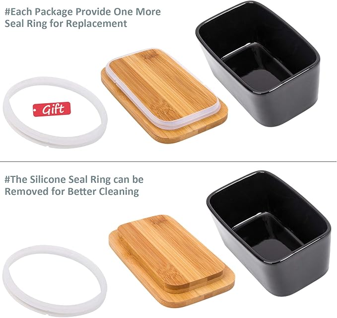 Butter Dish with Lid,Extra Large 650ml,Porcelain Keeper with Bamboo Lid Cover for 2 Sticks of Butter,Microwave Safe Easy Clean Butter Storage Container for Countertop Refrigerator (Black)