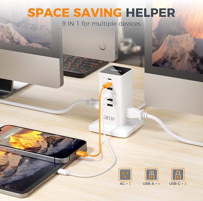 Charging Station 30W, TESSAN 9-in-1 Charger Blocks for iPhone 17/16/15/14, Tablets, Earphone with Surge Protector, 5ft Flat Extension Cord with 4 USB A, and 2 USB C for Home, Office, Drom, White