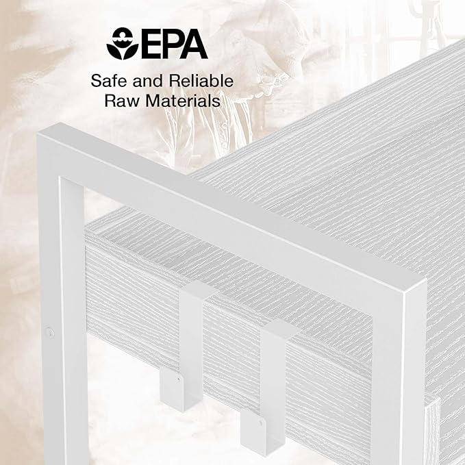 Rolanstar Bookshelf 6 Tier with 4 Hooks, Industrial Wood Bookcase, Vintage Storage Rack with Open Shelves, Rustic Standing Bookshelves Metal Frame Display Rack for Living Room, Bedroom, White