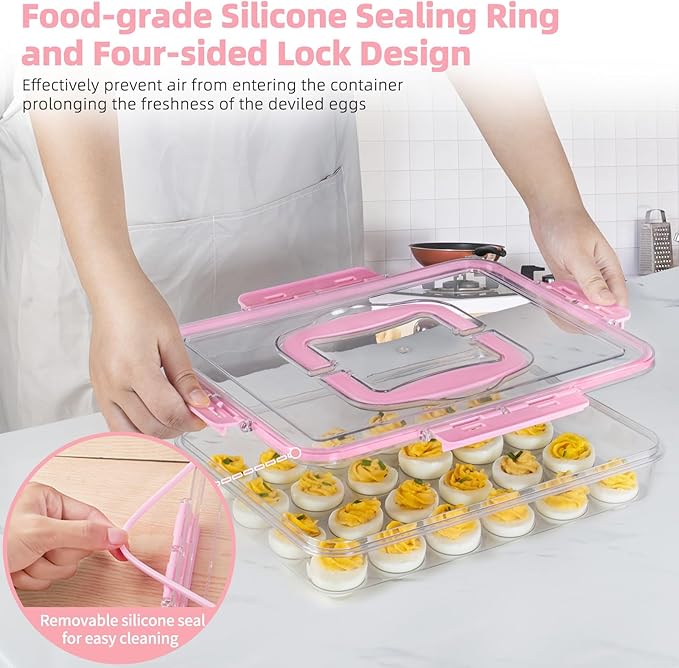 Deviled Egg Containers with Lid and Handle, Durable Clear Plastic Deviled Egg Carrier Storage 24 Eggs, Stackable Egg Holder for Fridge, Portable Tray Platter for Party & Picnics-1 Pack Pink