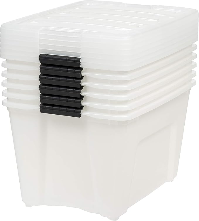 IRIS USA 54 Qt Stackable Plastic Storage Bins with Lids, 6 Pack - BPA-Free, Made in USA - Discreet Organizing Solution, Latches, Durable Nestable Containers, Secure Pull Handle - Pearl