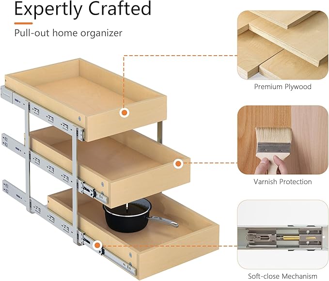 WelFurGeer 3-Tier Pull Out Cabinet Organizer with Soft Close, Heavy-Duty Slide Out Drawers for Cabinets, Pull Out Drawers for Cabinets, Bottom Mount Shelves for Kitchen, Pantry, Bathroom