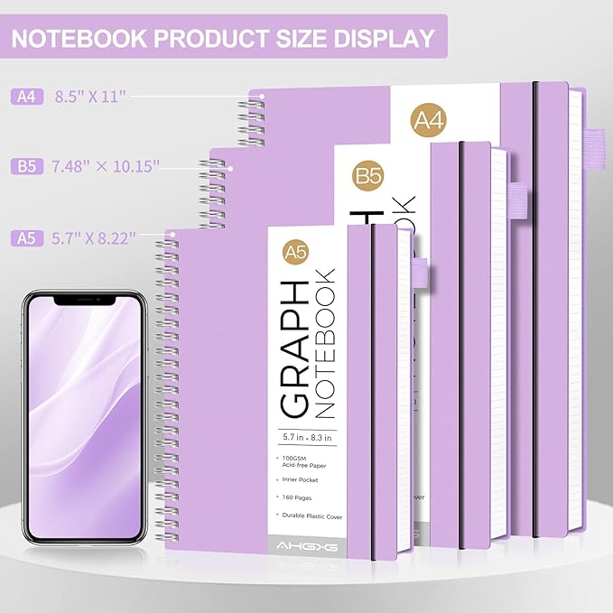 AHGXG Graph Paper Notebook - Spiral Notebook Journal 7.6" x 10", B5 Large Graph Notebook, 140 Pages, 100 gsm Thick Grid Paper, Waterproof Plastic Cover, for School Writing Engineering, Purple
