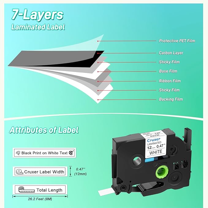 Cruxer 10 Pack Replacement for P-Touch TZe-231 TZe231 TZ231 12mm 0.47" Black on White Laminated Label Tape Compatible for Ptouch PT-D200 PT-D210 PT-D400 PT-H100 PT-1230PC Label Makers