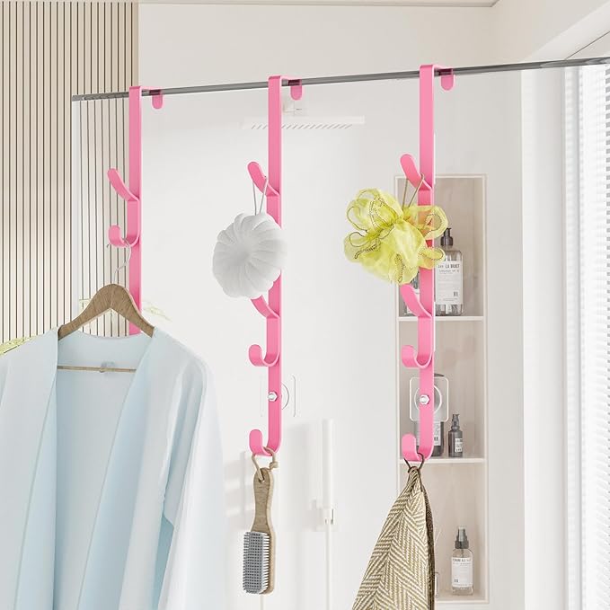 Over The Door Hooks, Metal Door Hooks for Hanging, Over The Door Purse Organizer for Coat Hanger, Back of Shower Door for Hanging Towel Rack Clothes, Hat, Bathroom, Closet (Pink-3Packs)