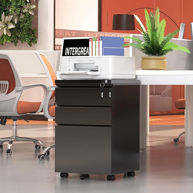 INTERGREAT 3 Drawer Mobile File Cabinet with Lock, Metal Filing Cabinets for Home Office, Rolling Under Desk Organizer for Letters/Legal/A4, (Fully Assembled-Black)