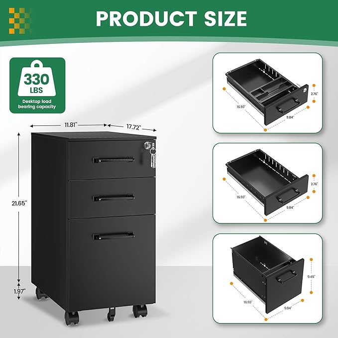 3 Drawer Slim File Cabinet, Mobile Filing Cabinet with Lock,Black Rolling Narrow File Cabinets with Casters, Under Desk Office Cabinets for Home Office,Fit A4/Letter/Legal(Unassembled)
