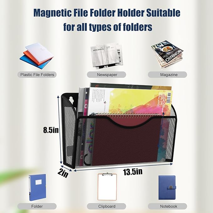 Magnetic File Holder 1 Pockets File Folder Organizer, Office Hanging Magazine Rack for File Cabinets, Magnetic Paper Holder, No Drilling Mail Organizer for Refrigerator, Office
