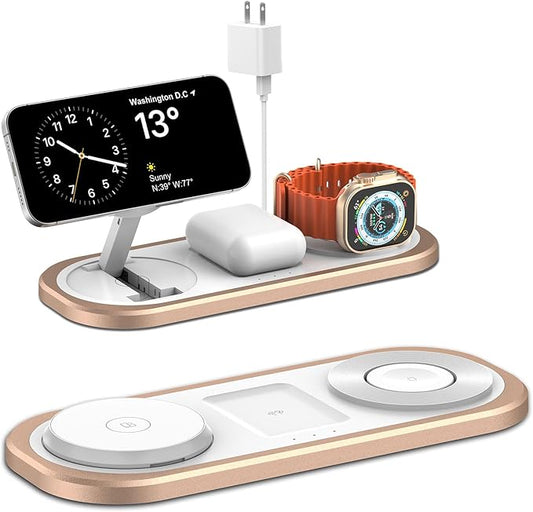 3 in 1 Fast Wireless Charger Stand for iPhone, Foldable Travel Charging Station for Magsafe for iPhone 17/Air/16/15/14/13/12 Series, Apple Watch Series, AirPods pro/2/3/4, Gifts for Women Men (Golden)