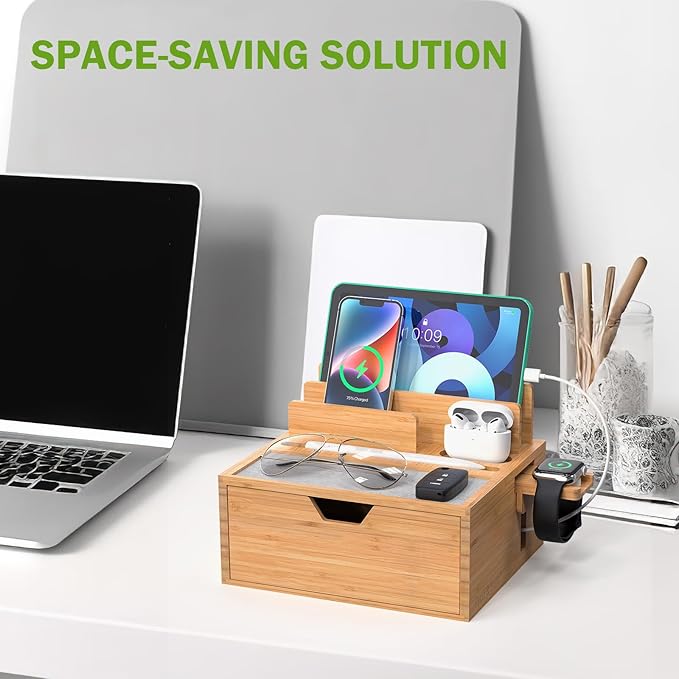 Pezin & Hulin Bamboo Charging Station for Multi Device, with Power Charger & Cables, Nightstand Docking Station with Lined Tray & Drawer, Compatible with Tablet, Cell Phones