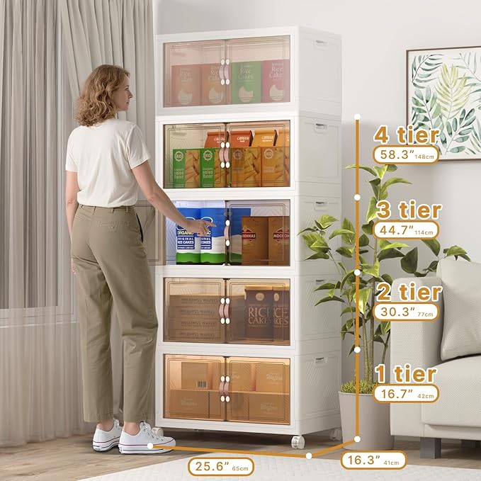 Extra Large Stackable Storage Bins with Lids & Wheels, Foldable Collapsible Closet Organizers Storage Cabinet with Doors for Bedroom Dorm (White, 480QT-120QT/30GAL*4Pack)