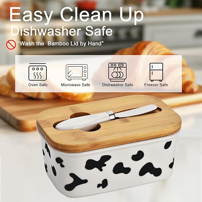 Large Butter Dish with Lid for Countertop,Cow Ceramic Butter Container with Knife Airtight Cover,Butter Keeper for Kitchen Counter or Fridge,Butter Holder Storage,Farmhouse Decor (White)