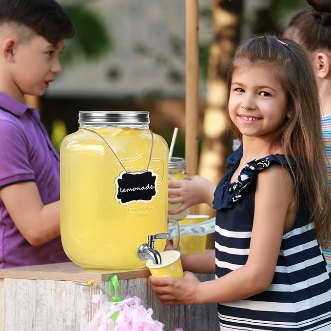 TURSTIN 2 Pcs 2 Gallon Glass Beverage Drink Dispenser with Stand Dual Beverage Dispensers with Ice Cylinder Steel Spigot Hanging Chalkboard Signs Drip Trays Drink Juice Dispenser with Lids for Parties