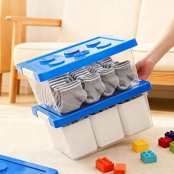 loobuu Plastic Storage Bins with Lids, Art Craft Supply Organizer Box with Brush Pot, Multipurpose Stackable Storage Containers for Organizing Tool, Craft, Crayon,Sewing (Blue)