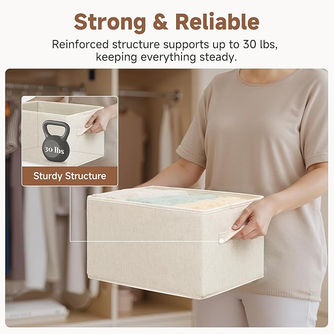 StorageWorks Storage Baskets for Shelves, Foldable Fabric Closet Storage Bins with Handles, Fabric Storage Bins Clothes Organizer, Beige(Cotton-linen), 3-Pack, Large