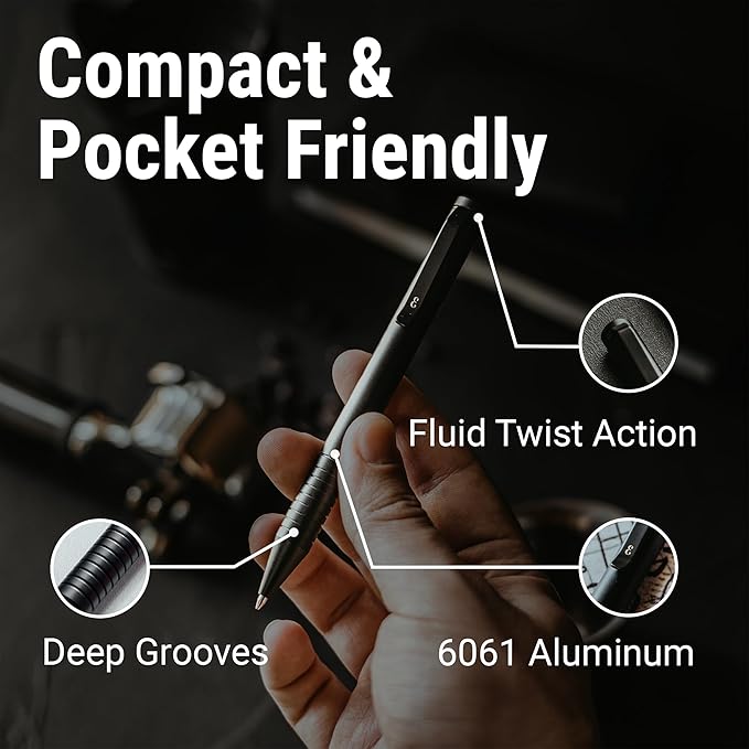 Everyman Grafton Mini Twist Refillable 0.7mm Ball Point Pen Black | Sleek Anodized Aluminum Pocket Pen with Grooved Grip | Smooth Writing EDC Ink Pen for Office, Travel, Work & Gifting