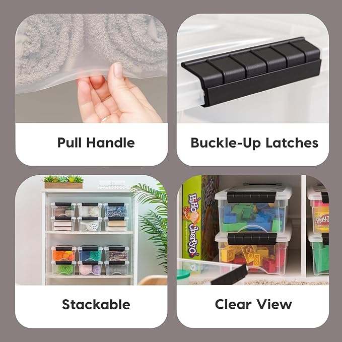 IRIS USA 6-Pack Storage Bins with Lids, 6 Quart, Made in USA Stackable See-Through Organizing Solution Latches Durable Nestable Containers Secure Pull Handle, BPA-Free Plastic