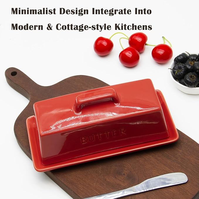 Ceramic Butter Dish With Lid for Countertop, Covered Butter Holder With Lid, Red Butter Container, Butter Tray With Handle