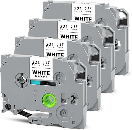 Tze221 9mm 0.35" Laminated White Tape Compatible for Brother 9mm Label Tape Tze-221 Tz-221 P Touch Tz Tze 9mm 3/8" Black on White Label for PTH110 PTD210 PT-D220 PTD400 PT-D610BT, 4-Pack