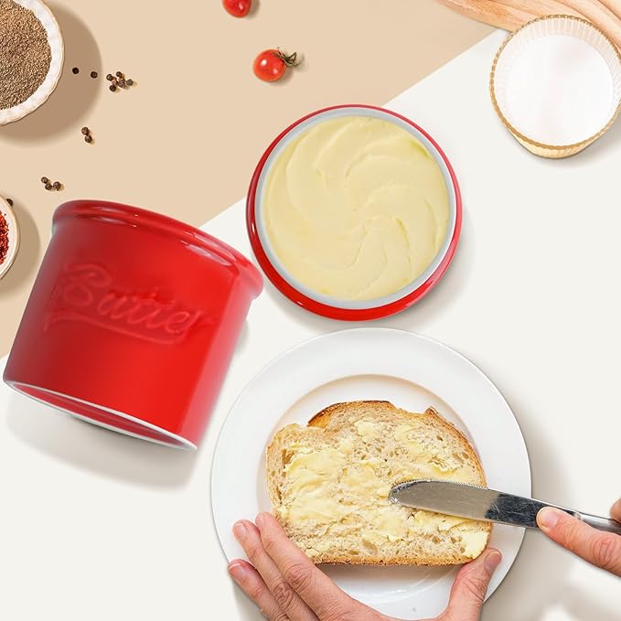 Butter Crock for Counter with Water, French Butter Keeper for Spreadable Butter Ceramic Butter Dish with Lid for Countertop, Butter Container Holder, Home Kitchen Decor (Red, M)