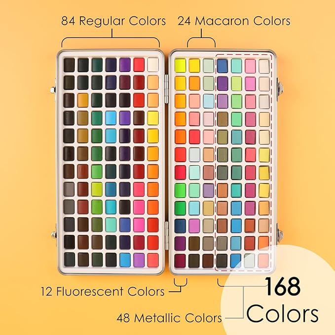 Grabie Watercolor Paint Set, Watercolor Paints, 168 Colors, Painting Set with Coloring Book, Water Brushes and Drawing Pencil, Art Supplies, Perfect Starter Kit for Watercolor Painting