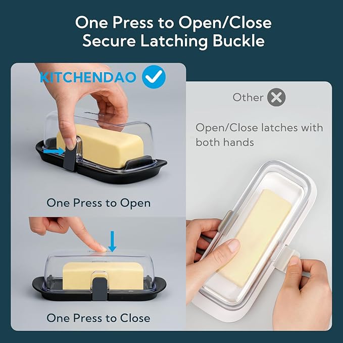 KITCHENDAO Airtight Butter Dish with Lid for Countertop and Refrigerator Door Shelf, Butter Holder with One Press to Open/Close Secure Latching Buckle, Butter Keeper for West/East Coast Butter (Black)