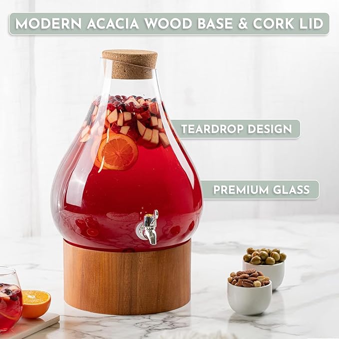 Classic Home Teardrop Clear Glass Ice Cold Beverage Drink Dispenser- 2.75 Gallon, With Cork Lid & Modern Wood Base Leak Proof Spigot- Wide Mouth Easy Filling For Outdoor, Parties & Daily Use