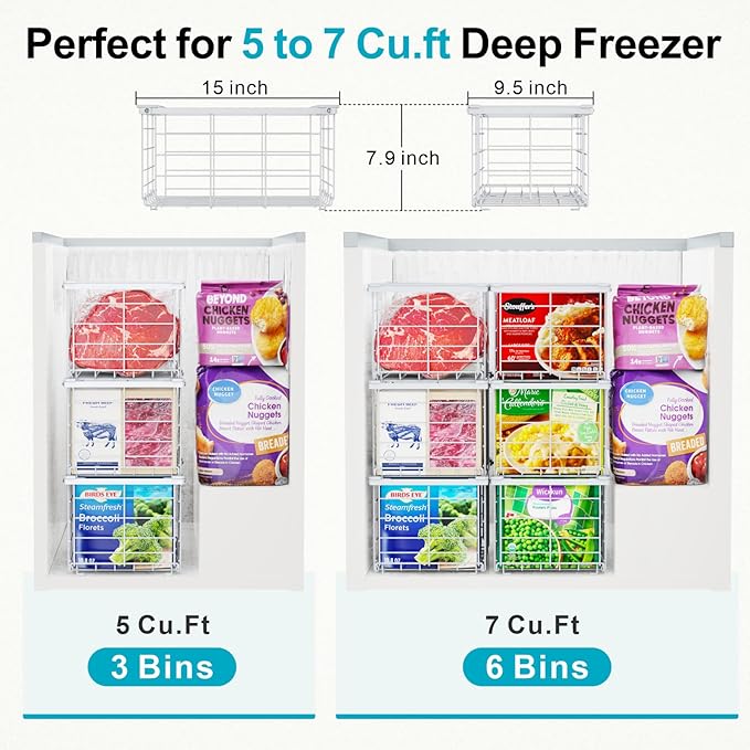 iSPECLE Deep Freezer Organizer Bins - 3 Pack Large Freezer Organizer Bins for 5 to 7 Cu.Ft Chest Freezer, Stackable Easy Access Food No More Digging, Sturdy Metal Wire Basket Not Scratch Bottom, White