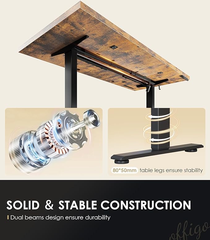 OffiGo Electric Standing Desk with 3-Piece Board, 79 Inch Height Adjustable Large Desk with Power Outlets, Sit Stand Table, Writing Computer Desk for Home, Office, Workstation, Rustic Brown