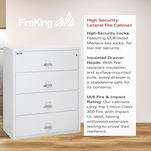 FireKing Fireproof Lateral File Cabinet (4 Drawers, Impact Resistant, Water Resistant), 44" W x 22" D, Arctic White, Made in USA
