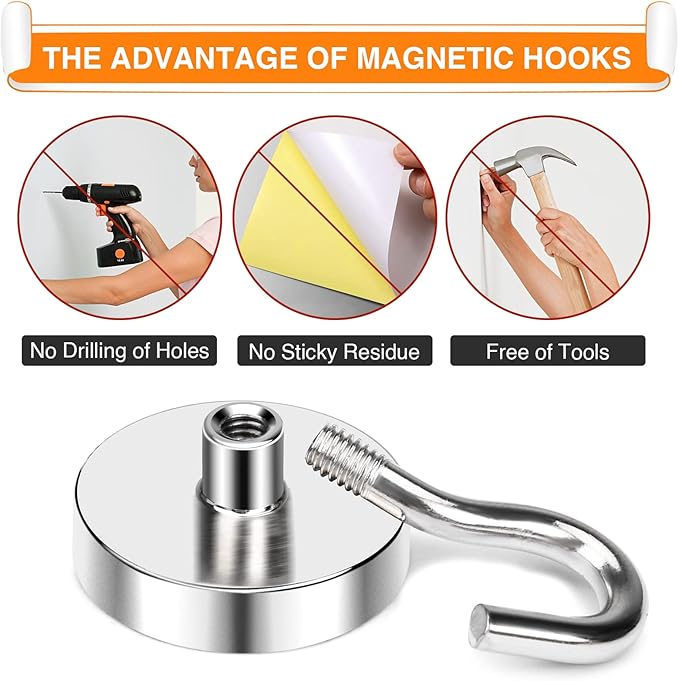 MIKEDE Magnetic Hooks Heavy Duty, 50 Lbs Magnet with Hooks for Cruise Cabins, Strong Magnets Neodymium for Hanging, Magnetic Wall Hooks for Refrigerator, Locker Decoration, Workplace -10Pack