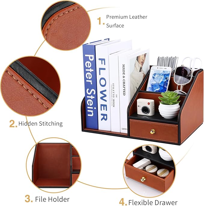 GORESE PU Leather Desk Organizer with Magazine File holder, Drawer and 4 Compartments, Office Workspace Organizers and Accessories, Large Desktop Organization with File Rack Pen Holder - Tan Brown