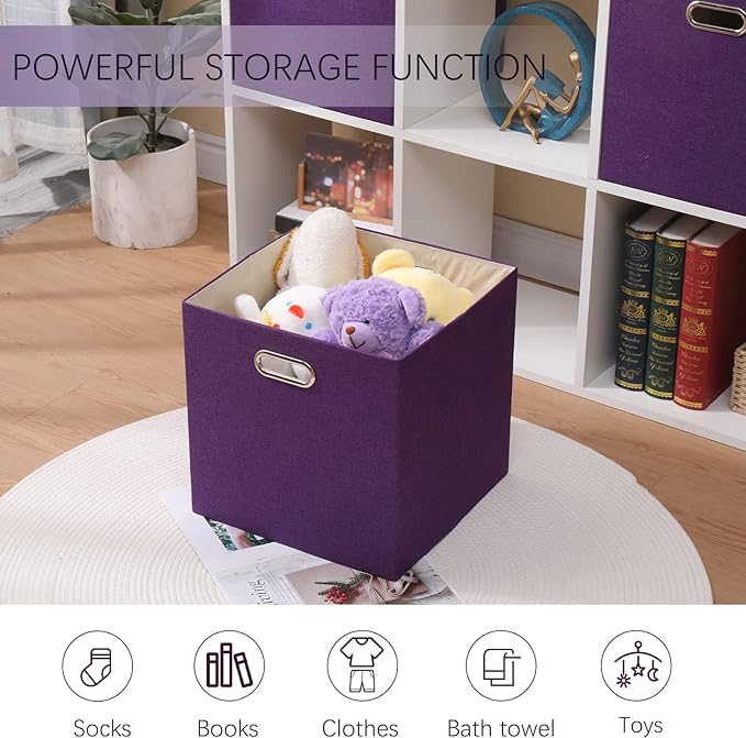 Collapsible Basket Fabric Foldable Box with Handles, 13x13 Cube Storage Bins Set of 4, Thick and Heavy Duty Storage Baskets for Shelves Bedroom Livingroom,Purple