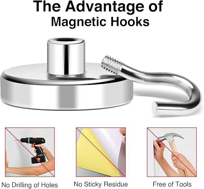MIKEDE Magnetic Hooks Heavy Duty, 170LB+ Strong Neodymium Magnets with Hooks for Refrigerator, Large Magnetic Hooks with Epoxy Coating for Hanging, Home, Workplace - 10 Pack