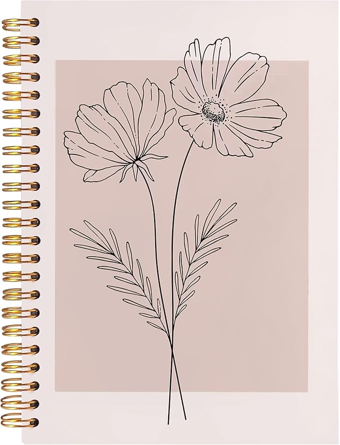 BearCake Pink Boho Floral Notebook Journal for Women, Minimalist Boho Floral Notebook,Hardcover Spiral Journal Notebook 5.5x8.3
