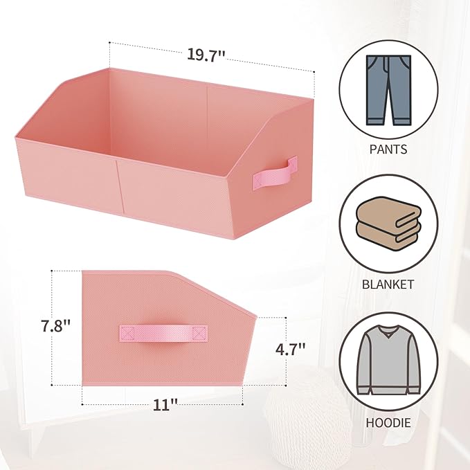 Storage Bins for Shelves - Large Trapezoid Closet Shelf Organizer, Fabric Organization Bins with Handles, Storage Baskets for Clothes, Towel, Purse, 4 Pack, Pink
