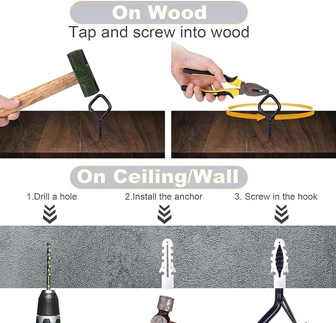 100 PCS Black Eye Screw Hooks for Hanging Heavy Duty with Safety Buckle.Metal Ceiling Hooks for Hanging Plants Cup Wind Chime Bird Feeders Patio Lights at Indoor&Outdoor